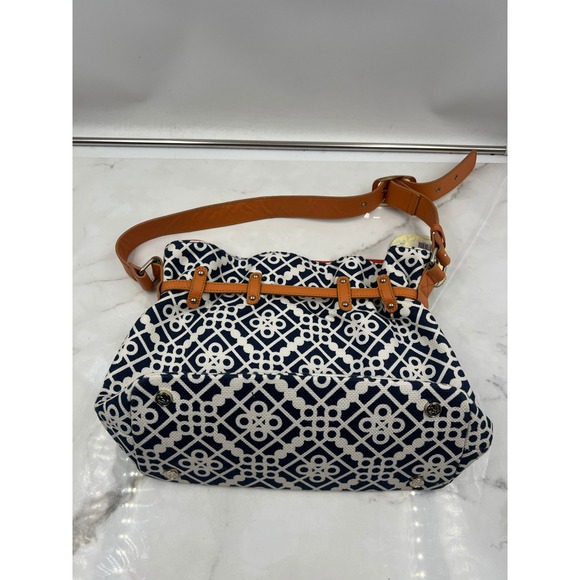 Spartina 449 Navy White Geometric Linen Leather Shoulder Bag Navy White Orange - Picture 2 of 16